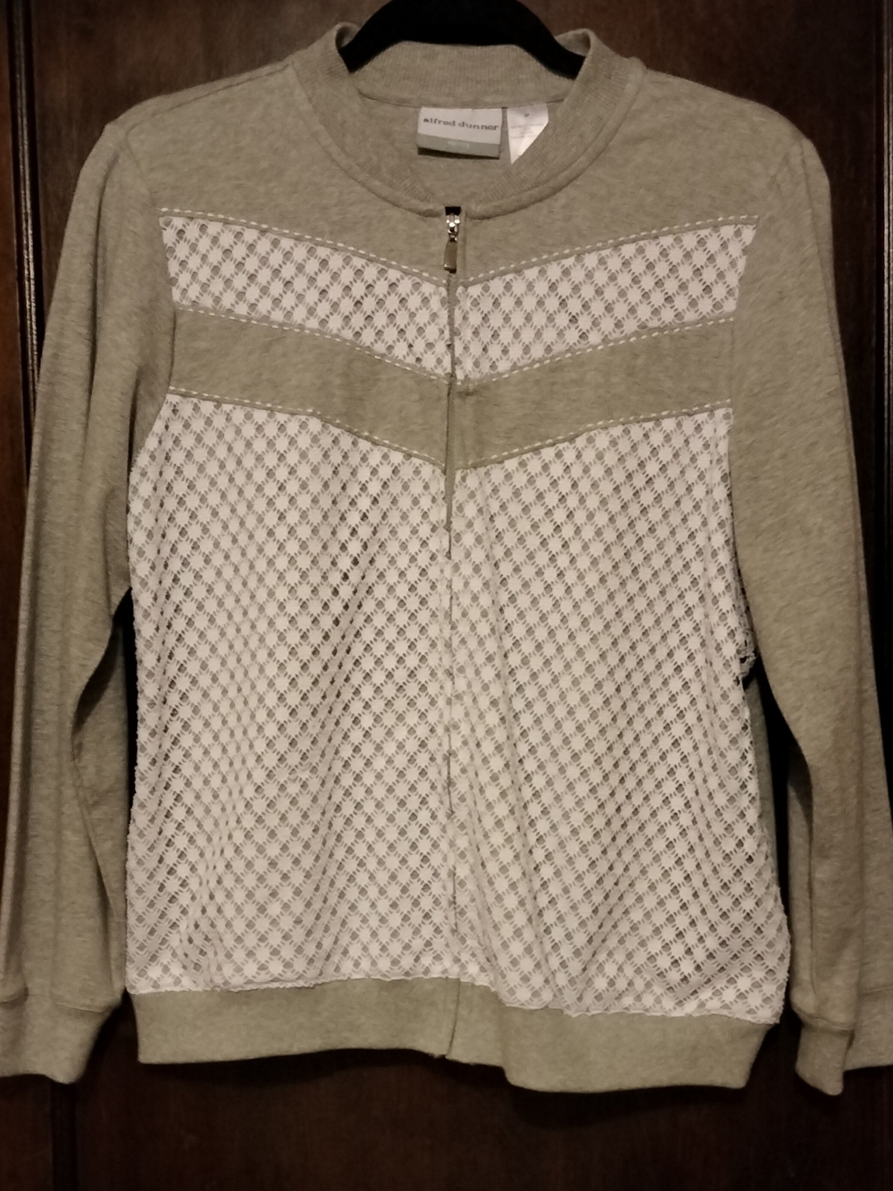 Alfred Dunner Gray Crewneck Sweater with White Mesh Front Zip